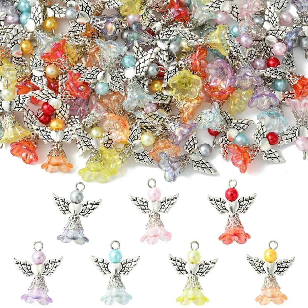 3152 70Pcs 7 Style Acrylic Guardian Angel Charms Dangle Lily Flower Charm